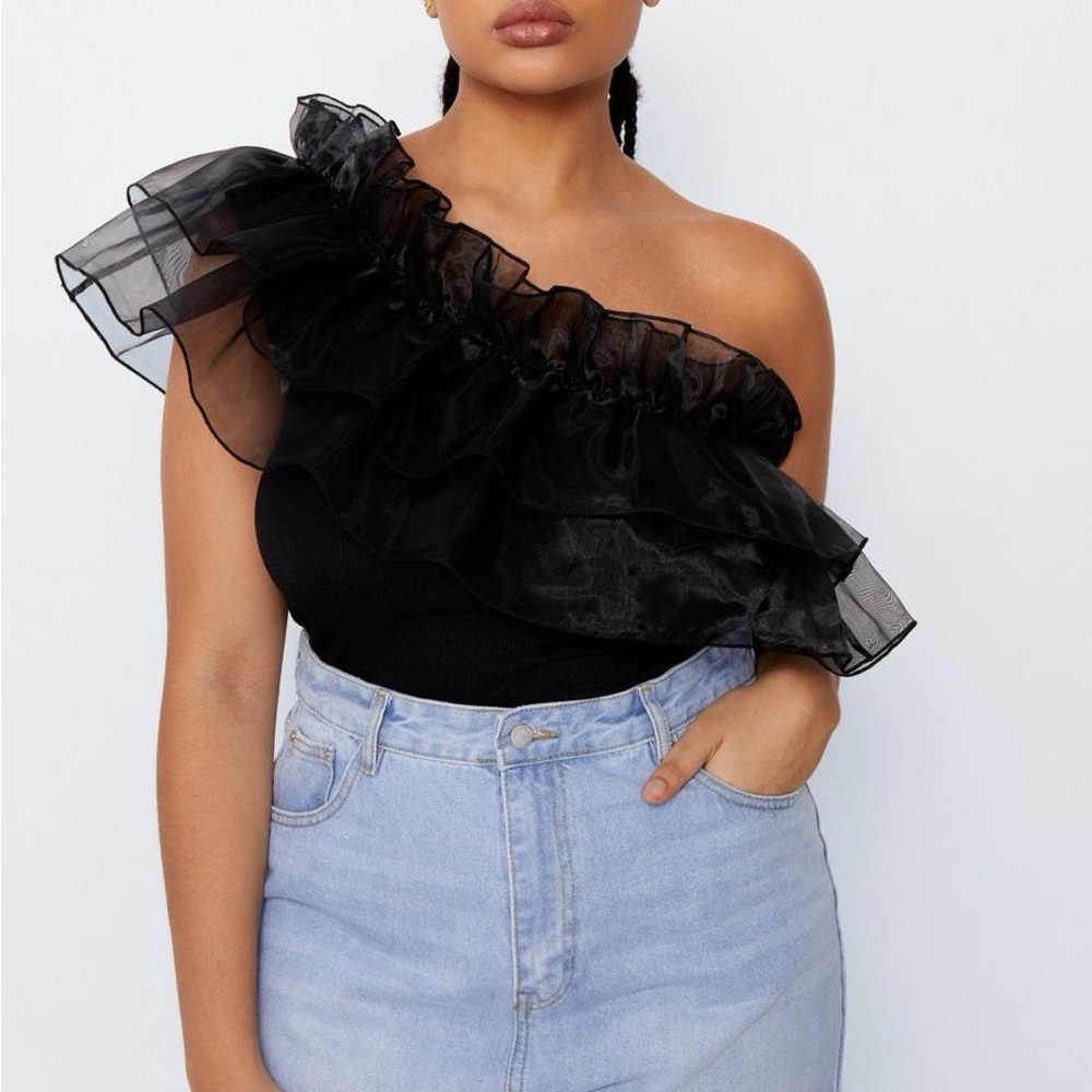 Nasty Gal Women's Asymmetric Ruffle Detail Bodysuit, Black, US Size 20